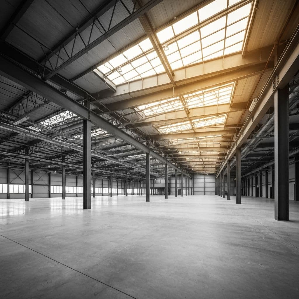 Modern industrial architecture interior with dramatic lighting